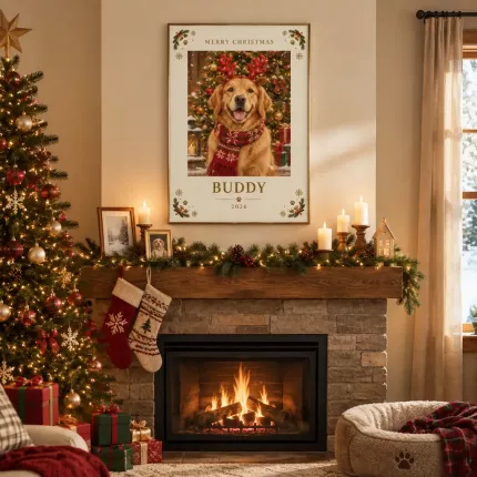 Personalized Pet Christmas Picture Frame, Custom Photo Name Year Canvas Print, Holiday Keepsake Gift image 2