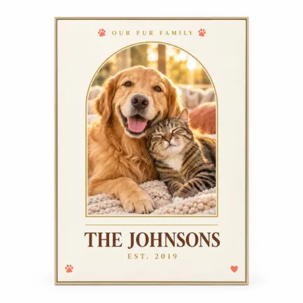 Personalized Fur Family Picture Frame, Custom Pets Photo Last Name Canvas Print, Dog Cat Lover Gift image 1