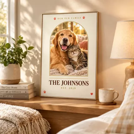 Personalized Fur Family Picture Frame, Custom Pets Photo Last Name Canvas Print, Dog Cat Lover Gift image 3