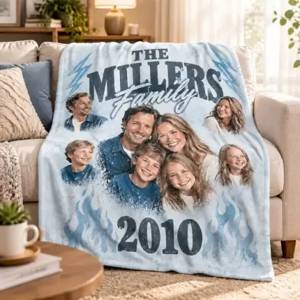 Custom Family Bootleg Fleece Blanket with Your Photos, Personalized Family Photo Collage Throw in Cool Blue, 90s Rap Tee Style Family Blanket | Trinmama image 2