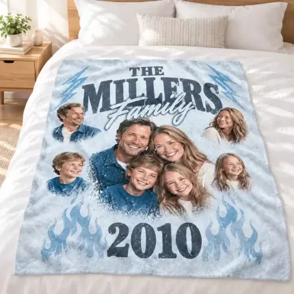 Custom Family Bootleg Fleece Blanket with Your Photos, Personalized Family Photo Collage Throw in Cool Blue, 90s Rap Tee Style Family Blanket | Trinmama image 3