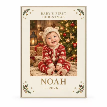 Personalized Baby's First Christmas Picture Frame, Custom Photo Name Year Canvas Print, Holiday Keepsake Gift