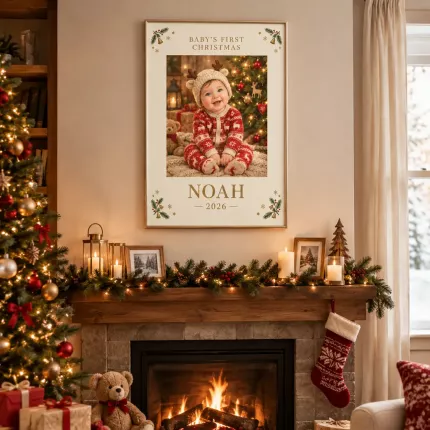 Personalized Baby's First Christmas Picture Frame, Custom Photo Name Year Canvas Print, Holiday Keepsake Gift image 2