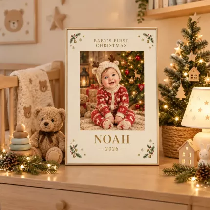 Personalized Baby's First Christmas Picture Frame, Custom Photo Name Year Canvas Print, Holiday Keepsake Gift image 3