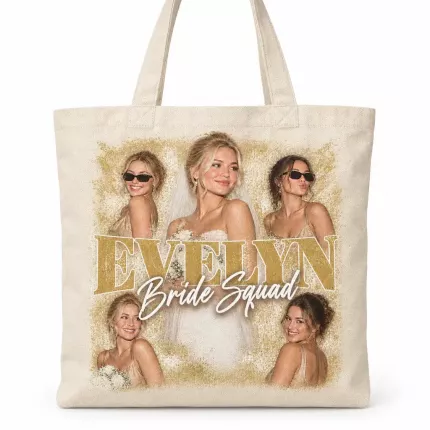 Custom Bride Squad Bootleg Tote Bag with Your Photos, Personalized Bridesmaid Canvas Tote with Name, 90s Rap Tee Style Wedding Photo Collage Tote | Trinmama