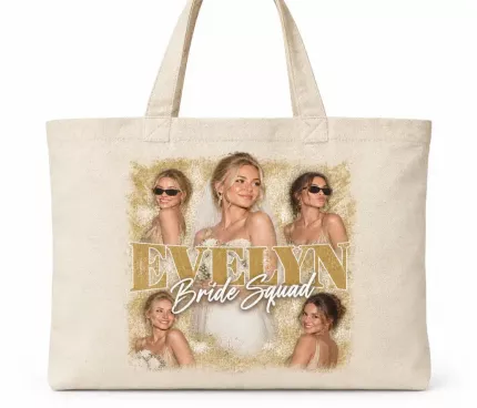 Custom Bride Squad Bootleg Tote Bag with Your Photos, Personalized Bridesmaid Canvas Tote with Name, 90s Rap Tee Style Wedding Photo Collage Tote | Trinmama image 2