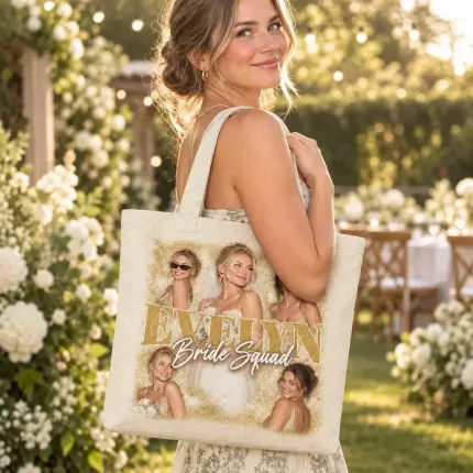 Custom Bride Squad Bootleg Tote Bag with Your Photos, Personalized Bridesmaid Canvas Tote with Name, 90s Rap Tee Style Wedding Photo Collage Tote | Trinmama image 3