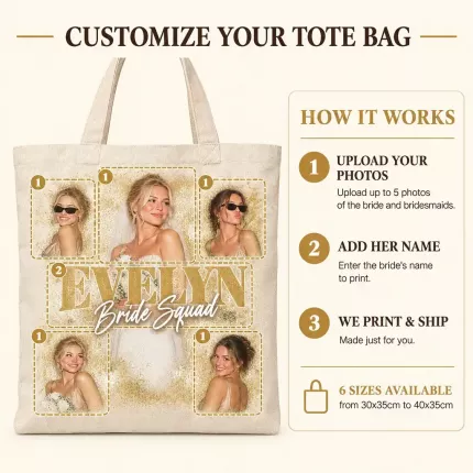 Custom Bride Squad Bootleg Tote Bag with Your Photos, Personalized Bridesmaid Canvas Tote with Name, 90s Rap Tee Style Wedding Photo Collage Tote | Trinmama image 6