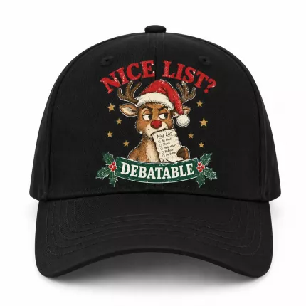 Nice List Debatable Funny Christmas Cap, Sarcastic Reindeer Baseball Cap, Holiday Gift for Coworkers image 1