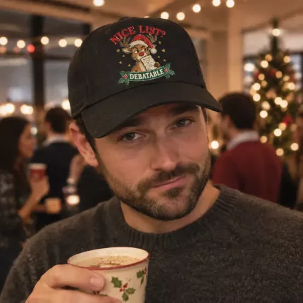 Nice List Debatable Funny Christmas Cap, Sarcastic Reindeer Baseball Cap, Holiday Gift for Coworkers image 2