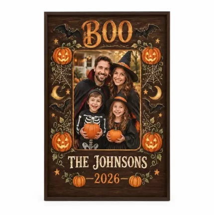 Personalized Halloween Family Picture Frame, Custom Family Photo Name Year Canvas Print, Vintage BOO Keepsake Gift