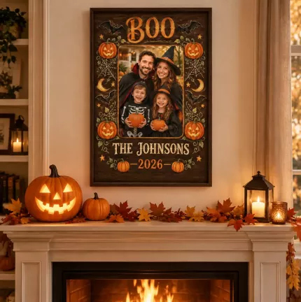 Personalized Halloween Family Picture Frame, Custom Family Photo Name Year Canvas Print, Vintage BOO Keepsake Gift image 2
