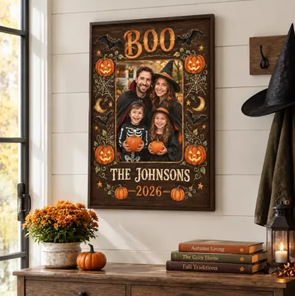 Personalized Halloween Family Picture Frame, Custom Family Photo Name Year Canvas Print, Vintage BOO Keepsake Gift image 3