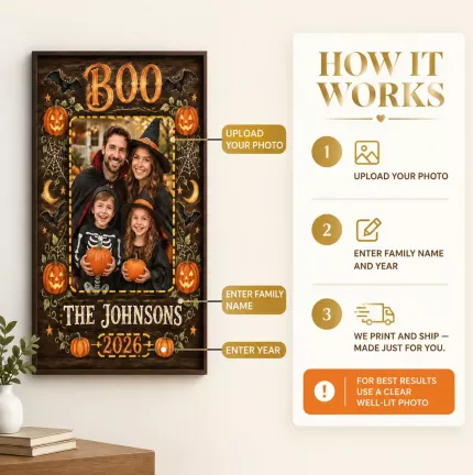 Personalized Halloween Family Picture Frame, Custom Family Photo Name Year Canvas Print, Vintage BOO Keepsake Gift image 5