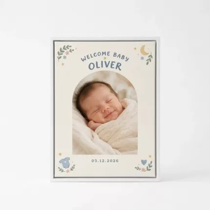 Personalized Welcome Baby Picture Frame, Custom Newborn Photo Name Birth Date Canvas Print, Baby Shower Gift