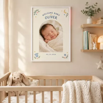 Personalized Welcome Baby Picture Frame, Custom Newborn Photo Name Birth Date Canvas Print, Baby Shower Gift image 2