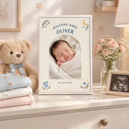 Personalized Welcome Baby Picture Frame, Custom Newborn Photo Name Birth Date Canvas Print, Baby Shower Gift image 3