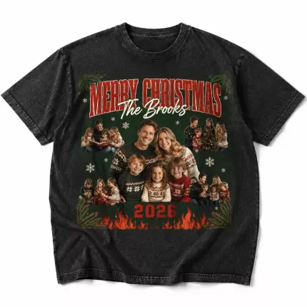 Custom Christmas Bootleg Tee with Your Family Photos, Personalized Merry Christmas Shirt with Last Name and Year, 90s Bootleg-Style Holiday T-Shirt | Trinmama
