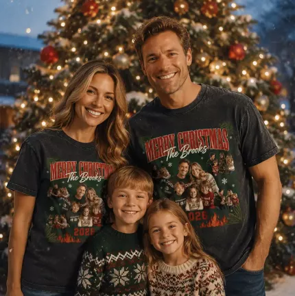 Custom Christmas Bootleg Tee with Your Family Photos, Personalized Merry Christmas Shirt with Last Name and Year, 90s Bootleg-Style Holiday T-Shirt | Trinmama image 2