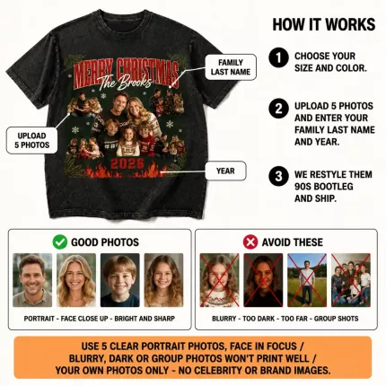 Custom Christmas Bootleg Tee with Your Family Photos, Personalized Merry Christmas Shirt with Last Name and Year, 90s Bootleg-Style Holiday T-Shirt | Trinmama image 7