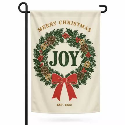 Merry Christmas Joy Wreath Garden Flag, Vintage Holiday Pine Wreath with Bells Outdoor Decor, Retro Christmas Yard Flag image 1