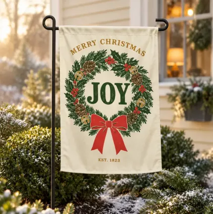 Merry Christmas Joy Wreath Garden Flag, Vintage Holiday Pine Wreath with Bells Outdoor Decor, Retro Christmas Yard Flag image 2
