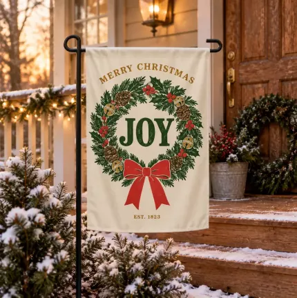 Merry Christmas Joy Wreath Garden Flag, Vintage Holiday Pine Wreath with Bells Outdoor Decor, Retro Christmas Yard Flag image 3