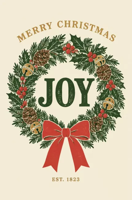 Merry Christmas Joy Wreath Garden Flag, Vintage Holiday Pine Wreath with Bells Outdoor Decor, Retro Christmas Yard Flag image 4