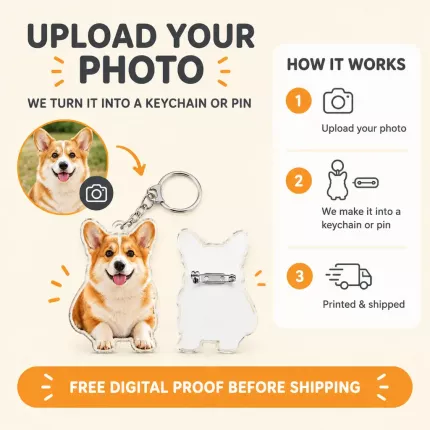 Custom Pet Photo Acrylic Pin & Keychain, Personalized Corgi Photo Badge with Pin Back or Key Ring, Custom Dog Photo Gift for Pet Lovers | Trinmama image 5