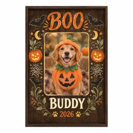 Personalized Halloween Pet Picture Frame, Custom Pet Photo Name Year Canvas Print, Vintage BOO Dog Cat Keepsake Gift