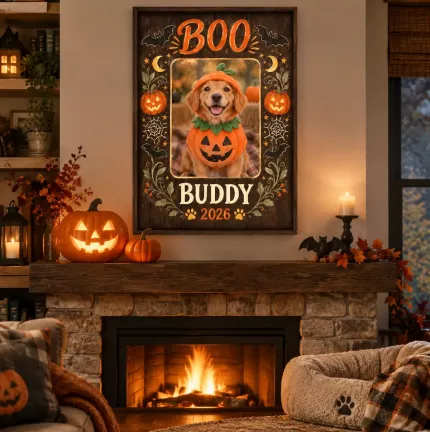 Personalized Halloween Pet Picture Frame, Custom Pet Photo Name Year Canvas Print, Vintage BOO Dog Cat Keepsake Gift image 2