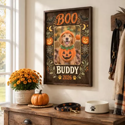 Personalized Halloween Pet Picture Frame, Custom Pet Photo Name Year Canvas Print, Vintage BOO Dog Cat Keepsake Gift image 3