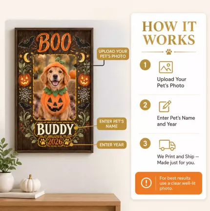 Personalized Halloween Pet Picture Frame, Custom Pet Photo Name Year Canvas Print, Vintage BOO Dog Cat Keepsake Gift image 5