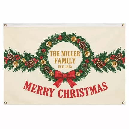 Personalized Christmas House Flag, Custom Family Name Vintage Wreath Holiday Wall Decor, The [Family Name] Est. Year