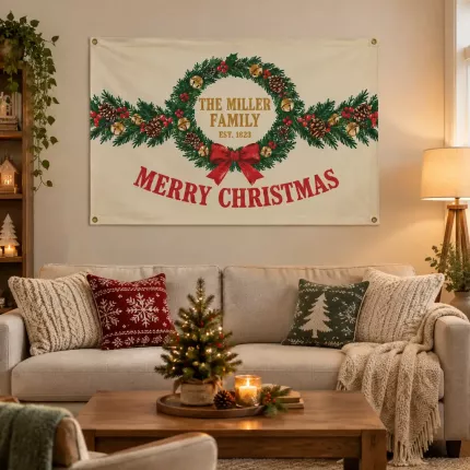 Personalized Christmas House Flag, Custom Family Name Vintage Wreath Holiday Wall Decor, The [Family Name] Est. Year image 2