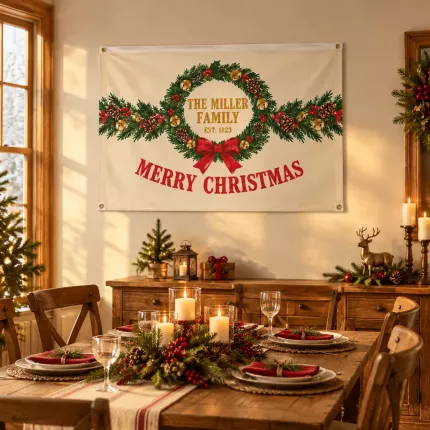 Personalized Christmas House Flag, Custom Family Name Vintage Wreath Holiday Wall Decor, The [Family Name] Est. Year image 3