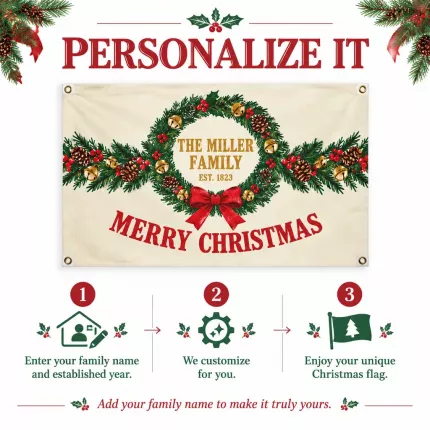 Personalized Christmas House Flag, Custom Family Name Vintage Wreath Holiday Wall Decor, The [Family Name] Est. Year image 6