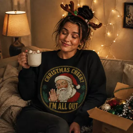 Christmas Cheer I'm All Out Sweatshirt, Funny Sarcastic Santa Hoodie, Tired Worker Print | Trinmama image 3
