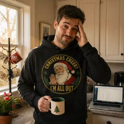 Christmas Cheer I'm All Out Sweatshirt, Funny Sarcastic Santa Hoodie, Tired Worker Print | Trinmama image 4