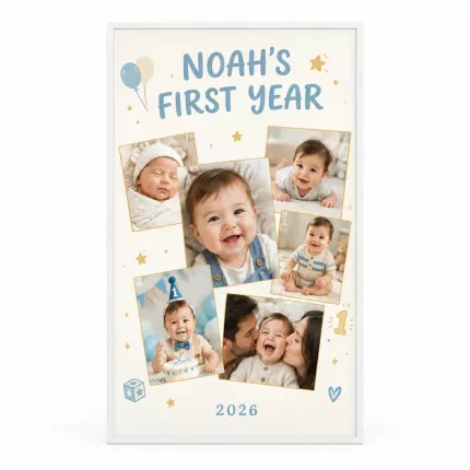 Personalized Baby's First Year Picture Frame, Custom Baby Photo Collage Name Year Canvas Print, First Birthday Gift