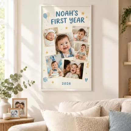 Personalized Baby's First Year Picture Frame, Custom Baby Photo Collage Name Year Canvas Print, First Birthday Gift image 2