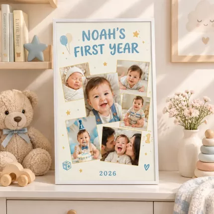 Personalized Baby's First Year Picture Frame, Custom Baby Photo Collage Name Year Canvas Print, First Birthday Gift image 3