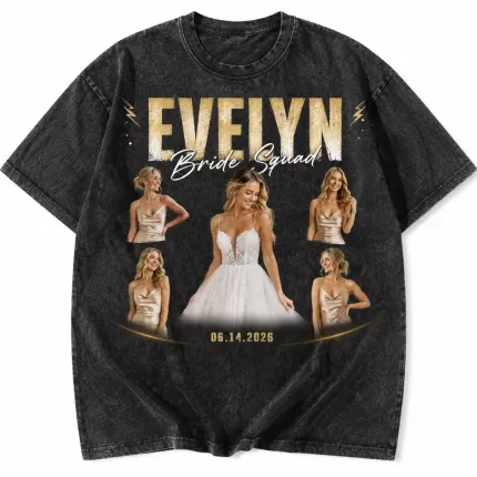 Custom Bride Bootleg Tee with Your Photos, Personalized Bridal Squad Shirt with Name and Wedding Date, 90s Bootleg-Style Bachelorette T-Shirt | Trinmama