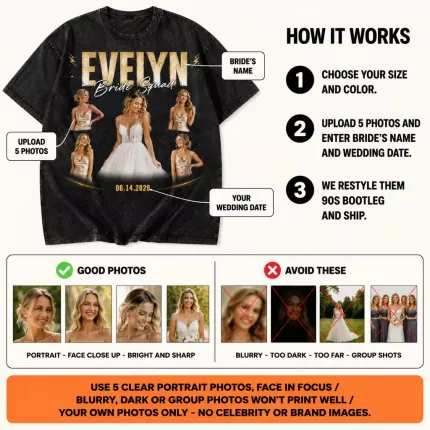 Custom Bride Bootleg Tee with Your Photos, Personalized Bridal Squad Shirt with Name and Wedding Date, 90s Bootleg-Style Bachelorette T-Shirt | Trinmama image 7