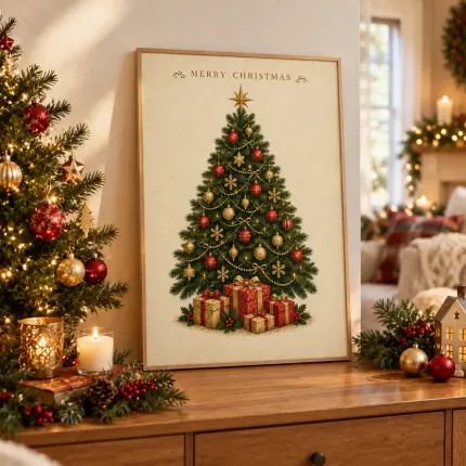 Vintage Christmas Tree Wall Art Print, Retro Holiday Decor, MERRY CHRISTMAS Poster image 3