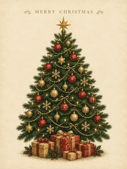 Vintage Christmas Tree Wall Art Print, Retro Holiday Decor, MERRY CHRISTMAS Poster image 4
