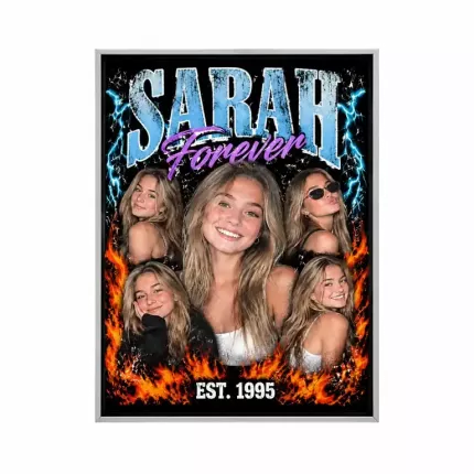 Custom Bootleg Picture Frame, Personalized Photo Name Canvas Print, 90s Style Photo Collage Wall Art, Ice Blue Vintage Lettering | Trinmama