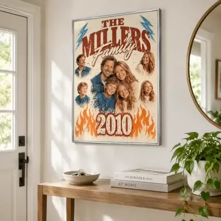 Custom Family Bootleg Picture Frame, Personalized Photo Surname Canvas Print, 90s Style Family Photo Collage Wall Art, Warm Vintage Lettering | Trinmama image 3