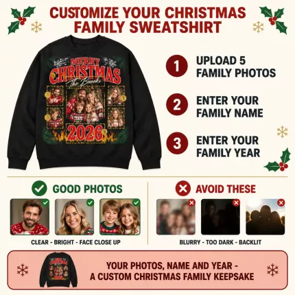 Custom Christmas Family Bootleg Sweatshirt with Your Photos, Personalized Hoodie with Family Name and Year | Trinmama image 5