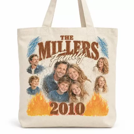 Custom Family Bootleg Tote Bag with Your Photos, Personalized Surname Canvas Tote, 90s Rap Tee Style Family Photo Collage Tote | Trinmama